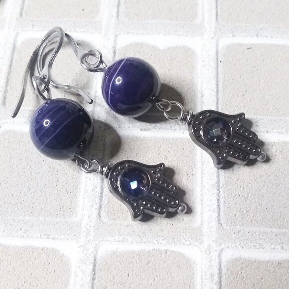 Purple Agate & Gunmetal Black Hamsa Hand Protection Earrings! Faith Goth Punk - Picture 1 of 5